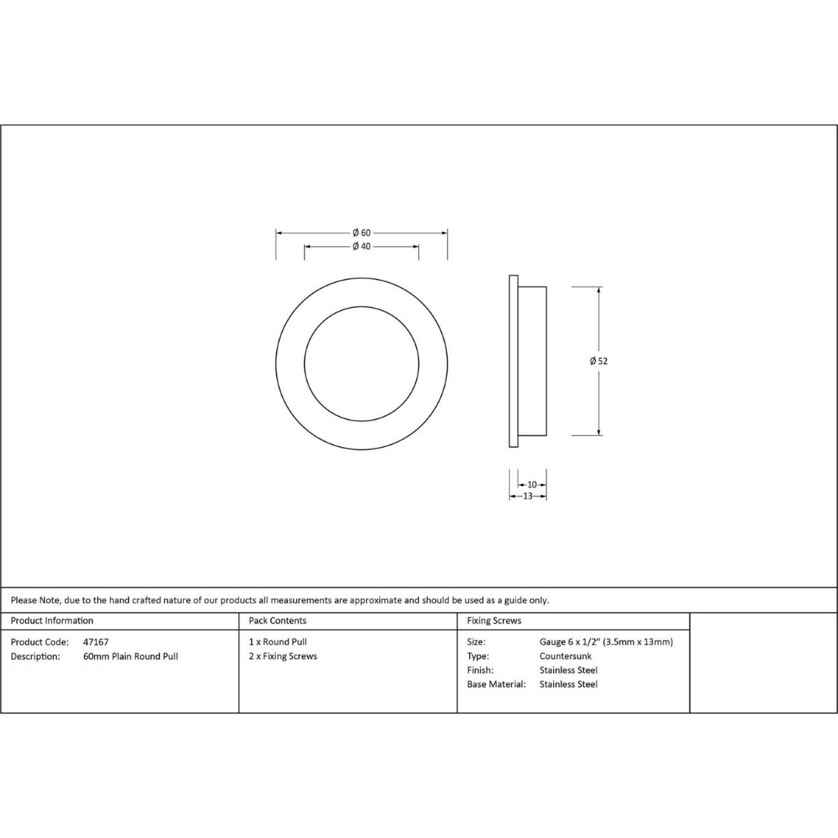 The 60mm Classic Round Flush Pull Handle Technical Drawings and Dimensions