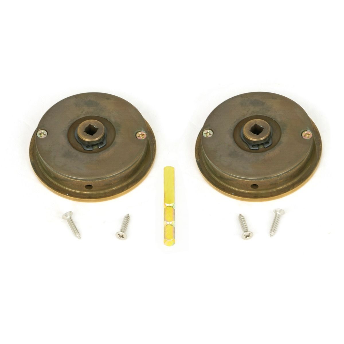 The 60mm Classic Round Sliding Pocket Door Privacy Set in Aged Brass Shown from Behind with Spindle and Screws