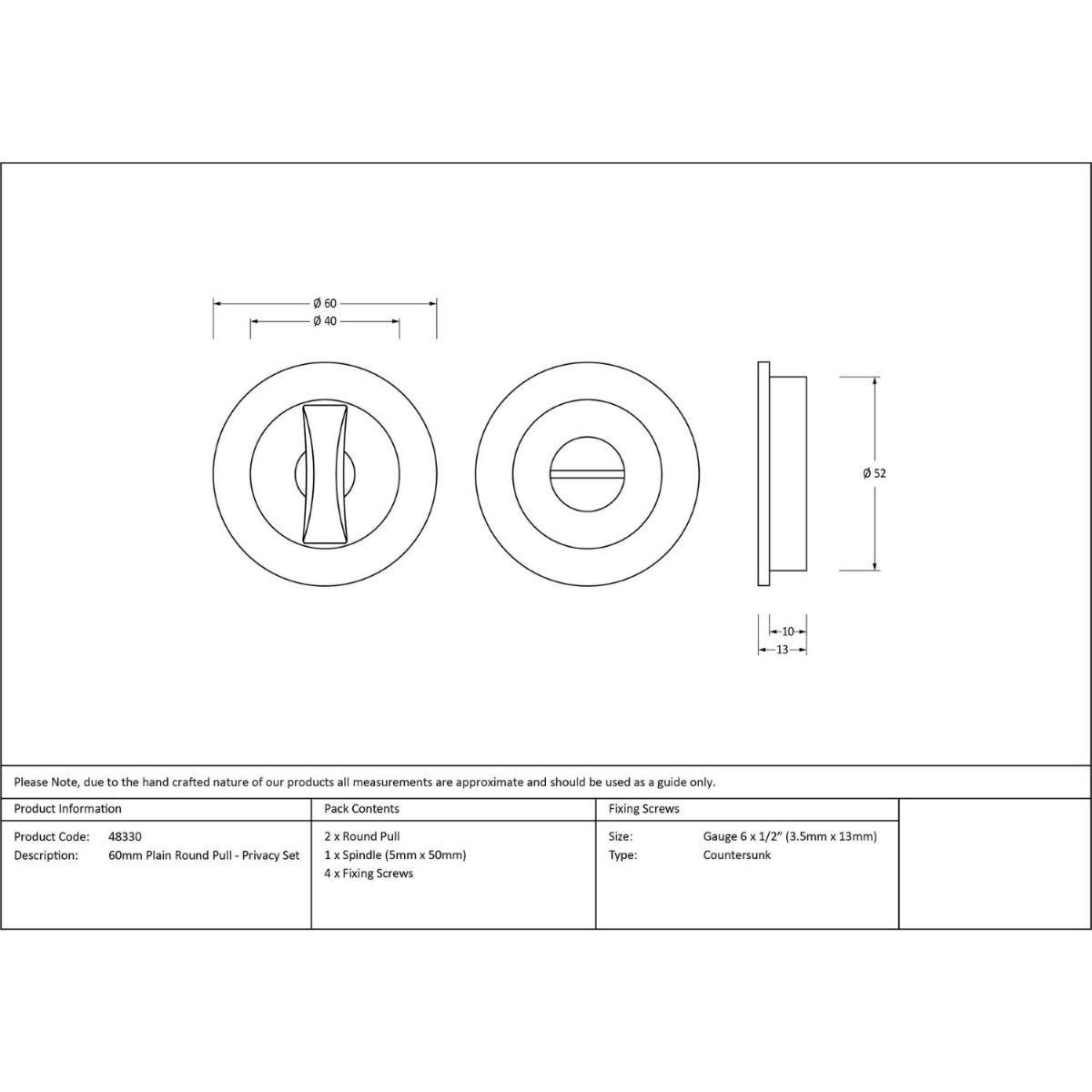 The 60mm Classic Round Sliding Pocket Door Privacy Set in Aged Brass Technical Drawings and Dimensions