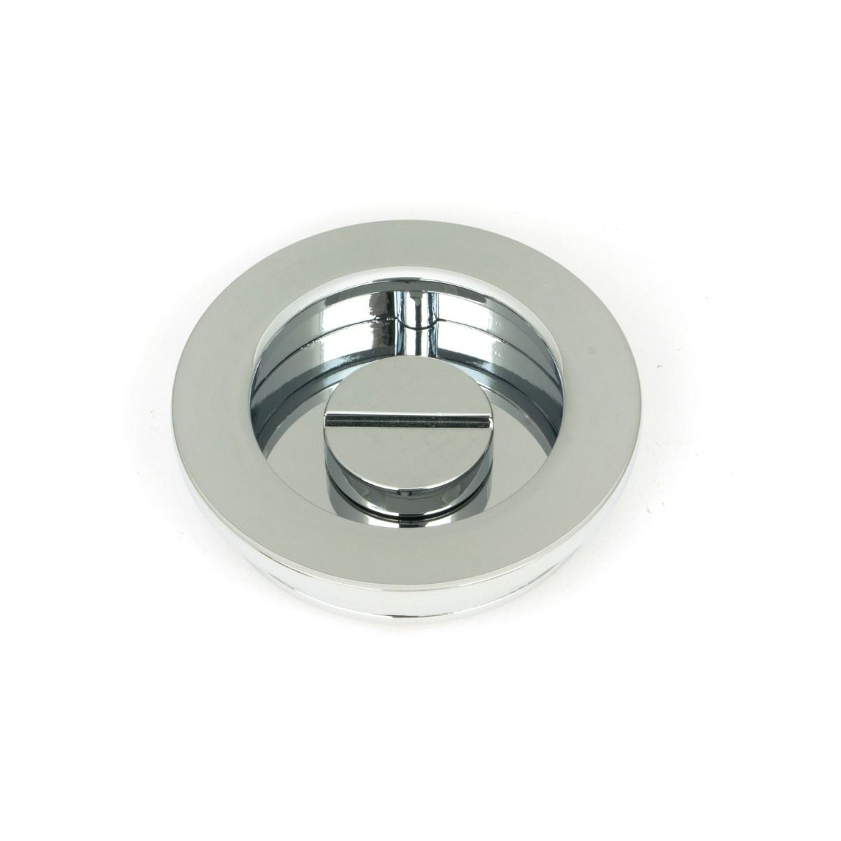 The 60mm Classic Round Sliding Pocket Door Privacy Set in Polished Chrome Showing the Rear of the Locking Mechanism