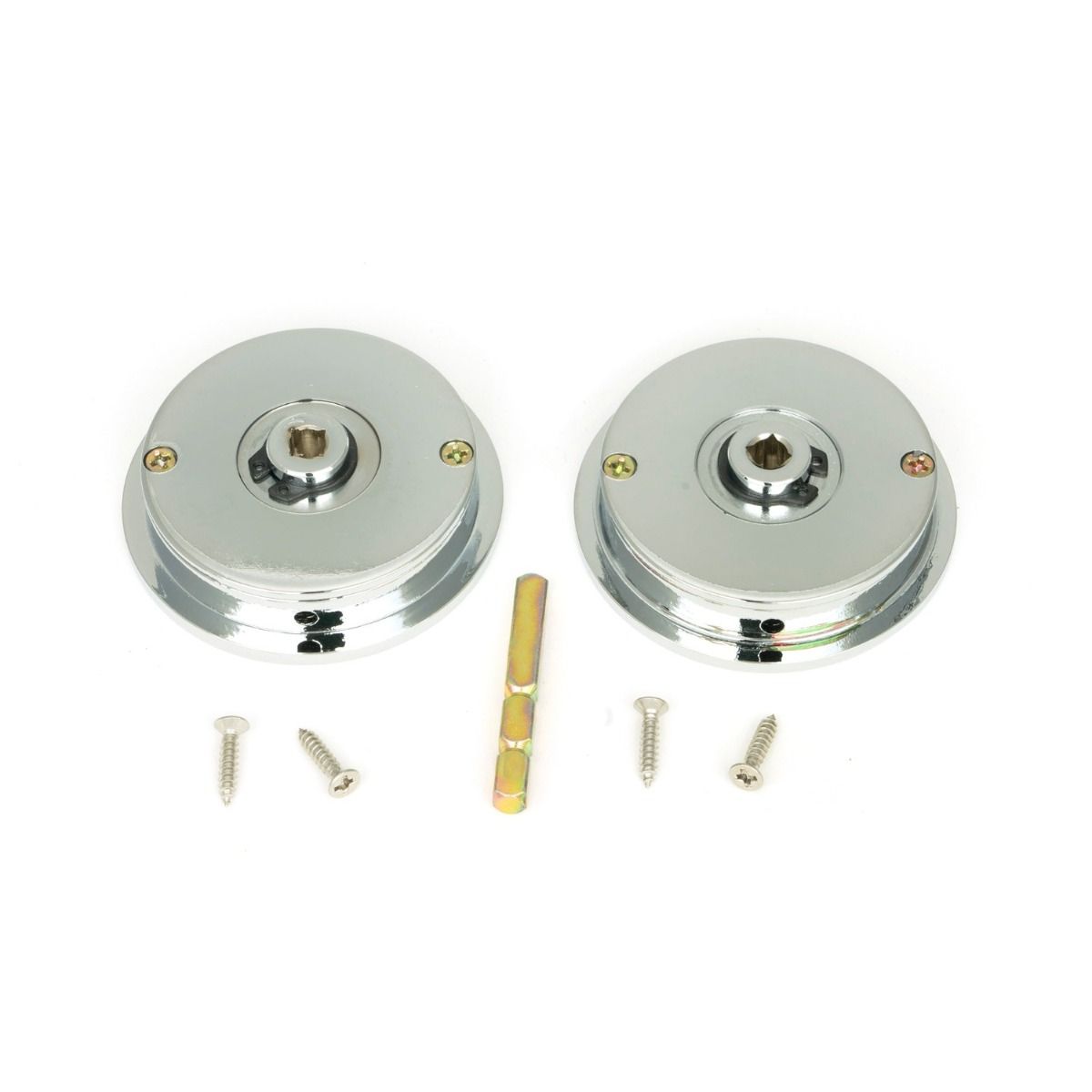 The 60mm Classic Round Sliding Pocket Door Privacy Set in Polished Chrome Shown from Behind with Supplied Spindle and Screws