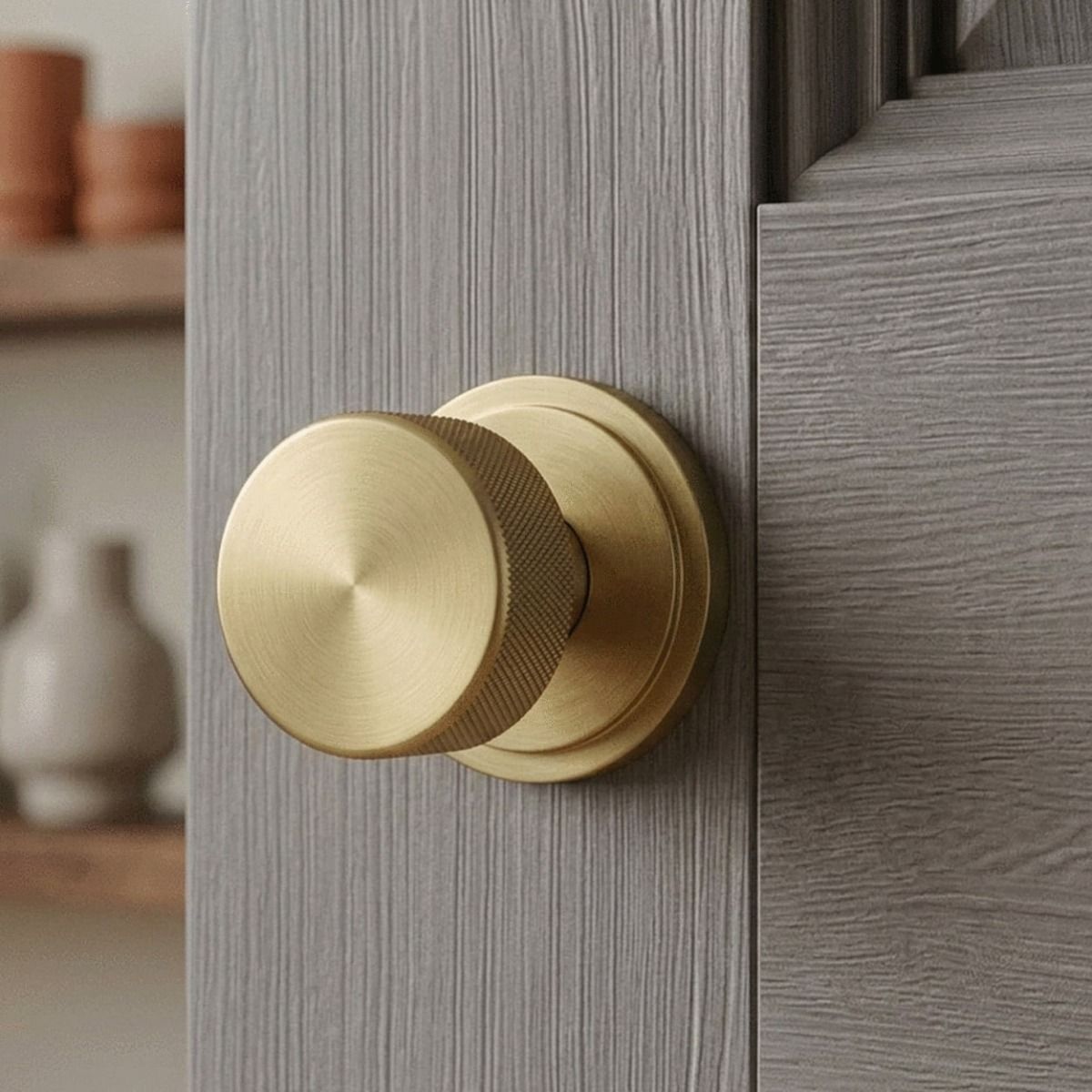 The 63mm Satin Brass "Royale" Art Deco Mortice Rim Knob Set on a Grey Wooden Door in a Modern Home Interior Sitting - Digital Illustration