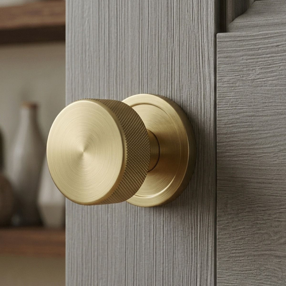 The 63mm Satin Brass "Royale" Mortice Rim Knob Set on a Grey Timber Door inside a Modern Living Room Setting - Digital Illustration