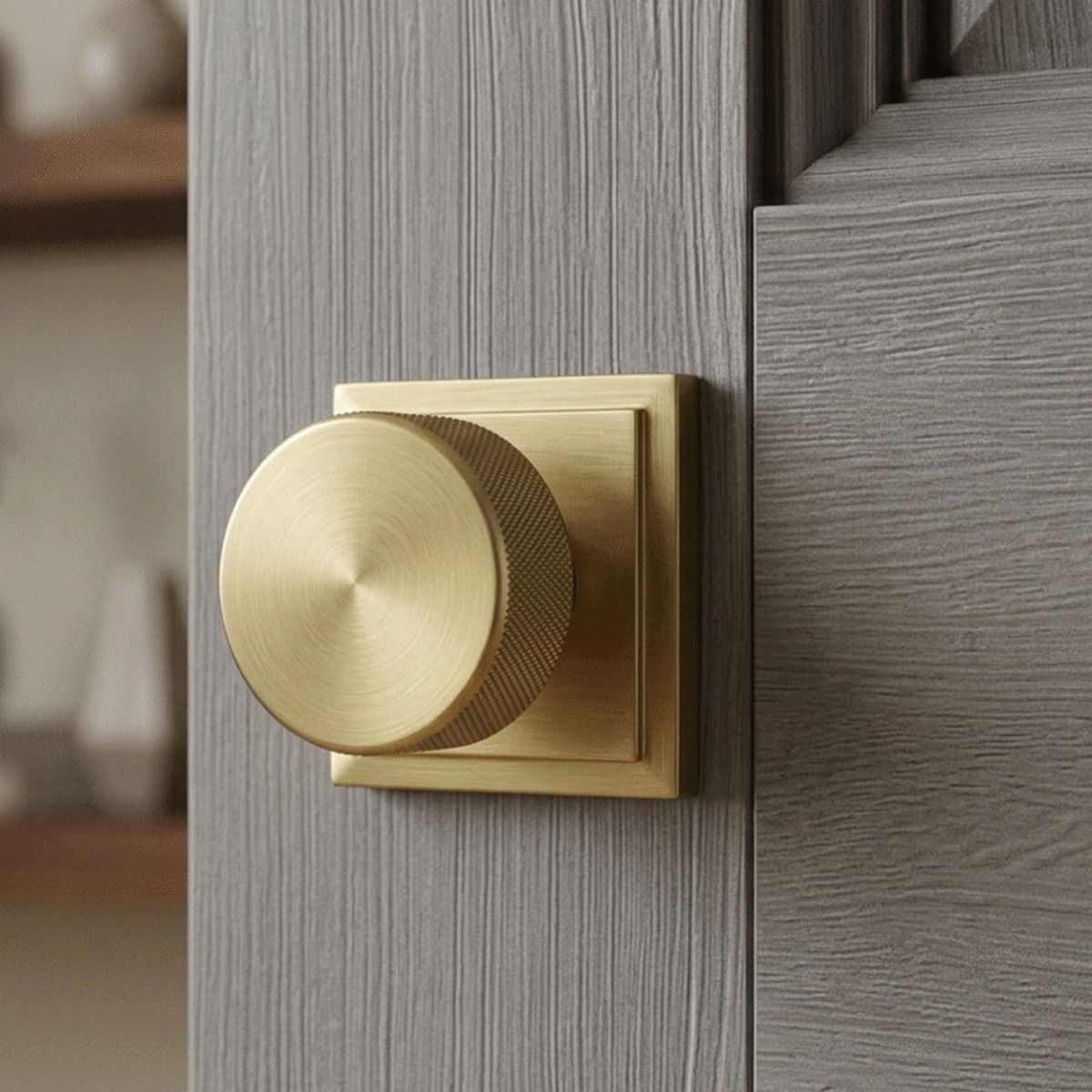 The 63mm Satin Brass "Royale" Square Mortice Rim Knob Set on a Grey Door in a Modern Country Home - Digital Illustration