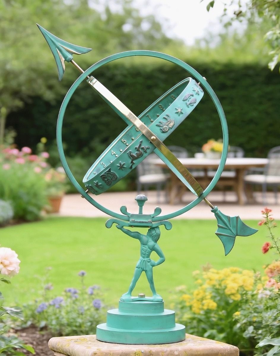 The 68cm Verdigris "Atlas" Armillary in a Luxurious Verdant Garden - Digital Illustration