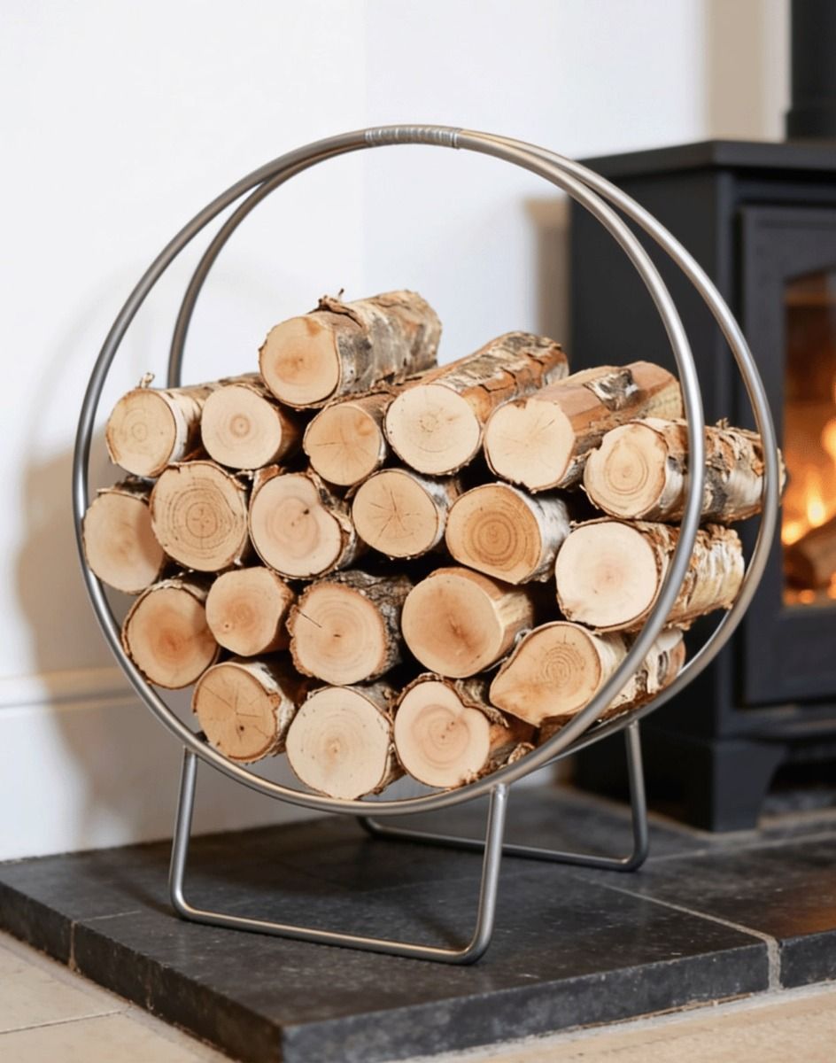 The 69.5cm Pewter Finish Circular Log Rack & Holder Shown up Close next to a Traditional Log Burner Stove - Digital Illustration 