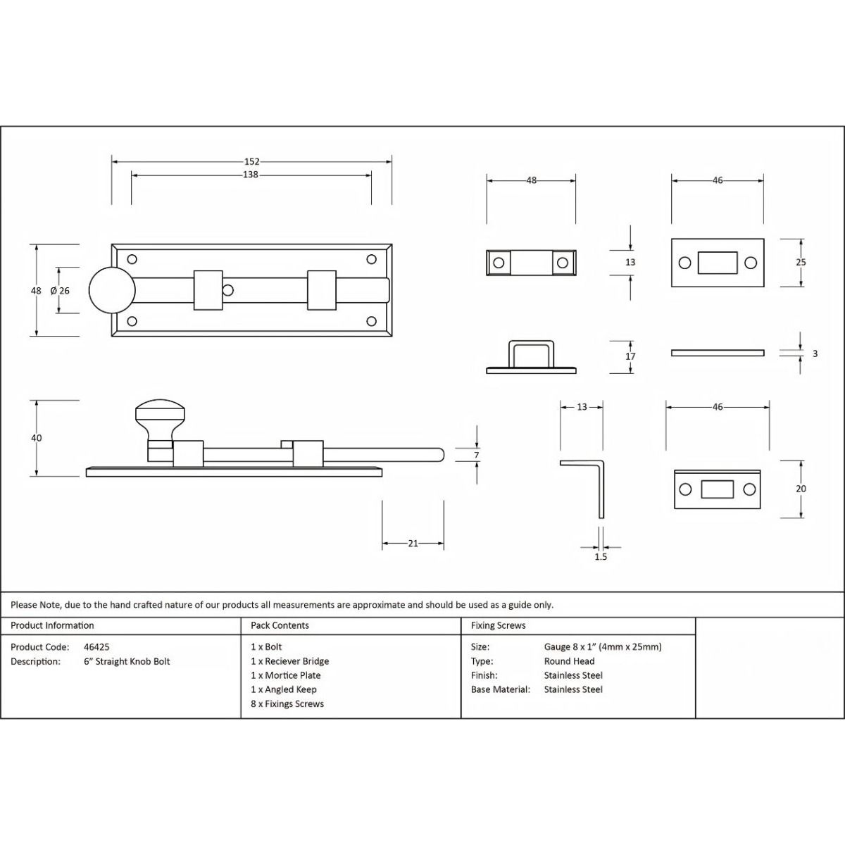 The 6" Classic Straight Window Bolt Technical Drawings and Dimensions 