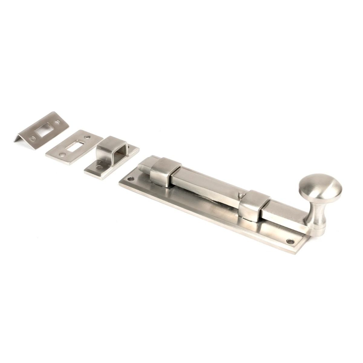 The 6" Satin Stainless Steel Universal Door & Window Bolt on a White Background 