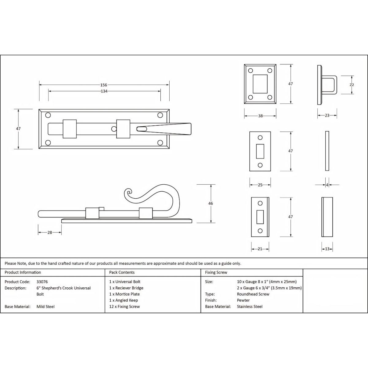 The 6" Shepherds Crook Security Bolt for Windows & Doors Technical Drawings and Dimensions