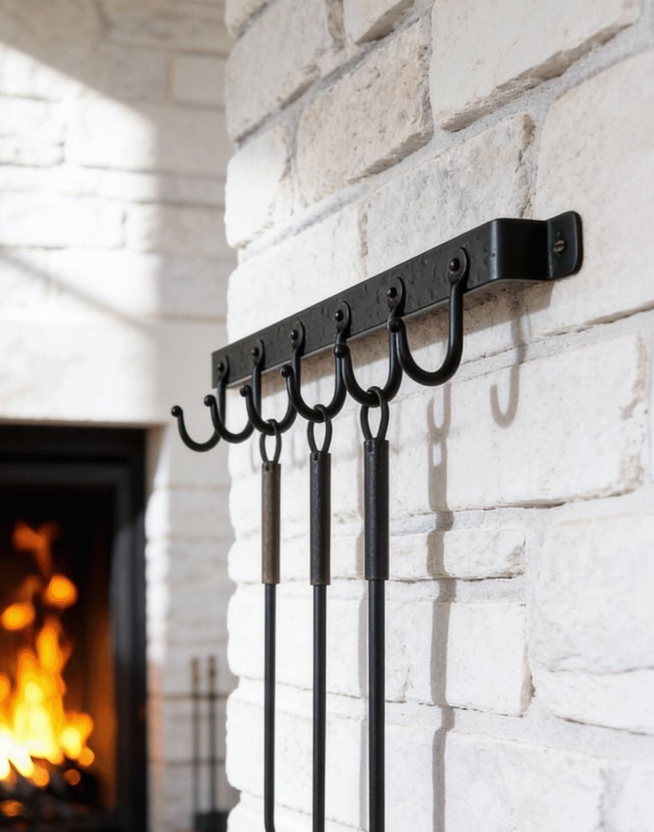 The 6 Hook "Blacksmith Style" Wall Mounted Fireside Tool Rack Mounted on a White Brick Wall - Digital Illustration