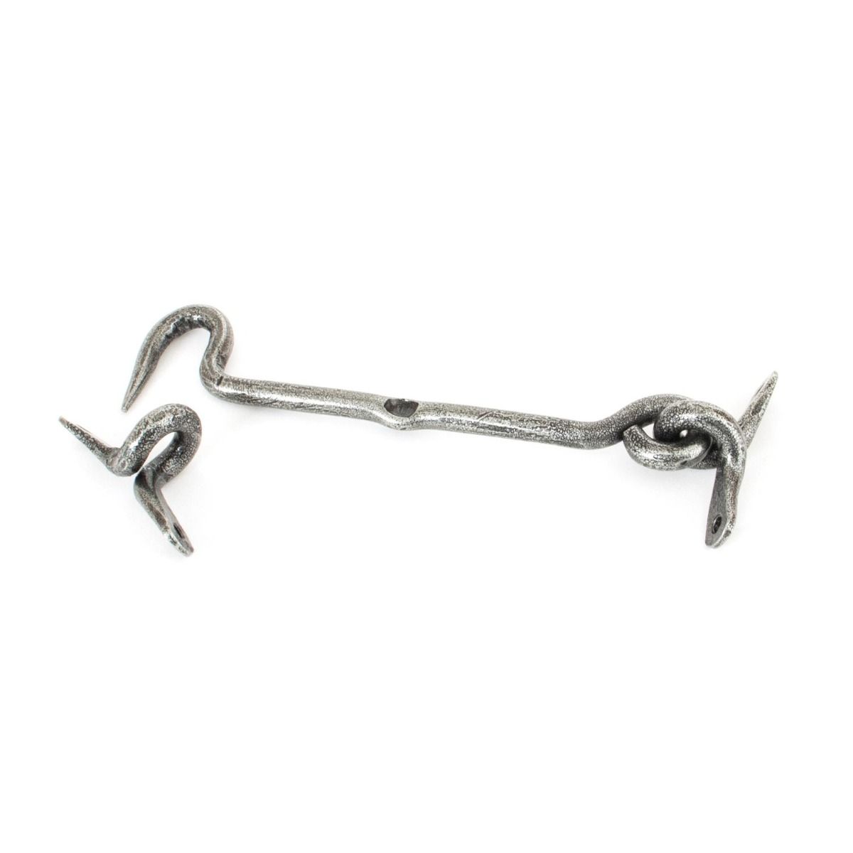The 6 Inch Forged Iron Cabin Hook in a Pewter Finish on a White Background