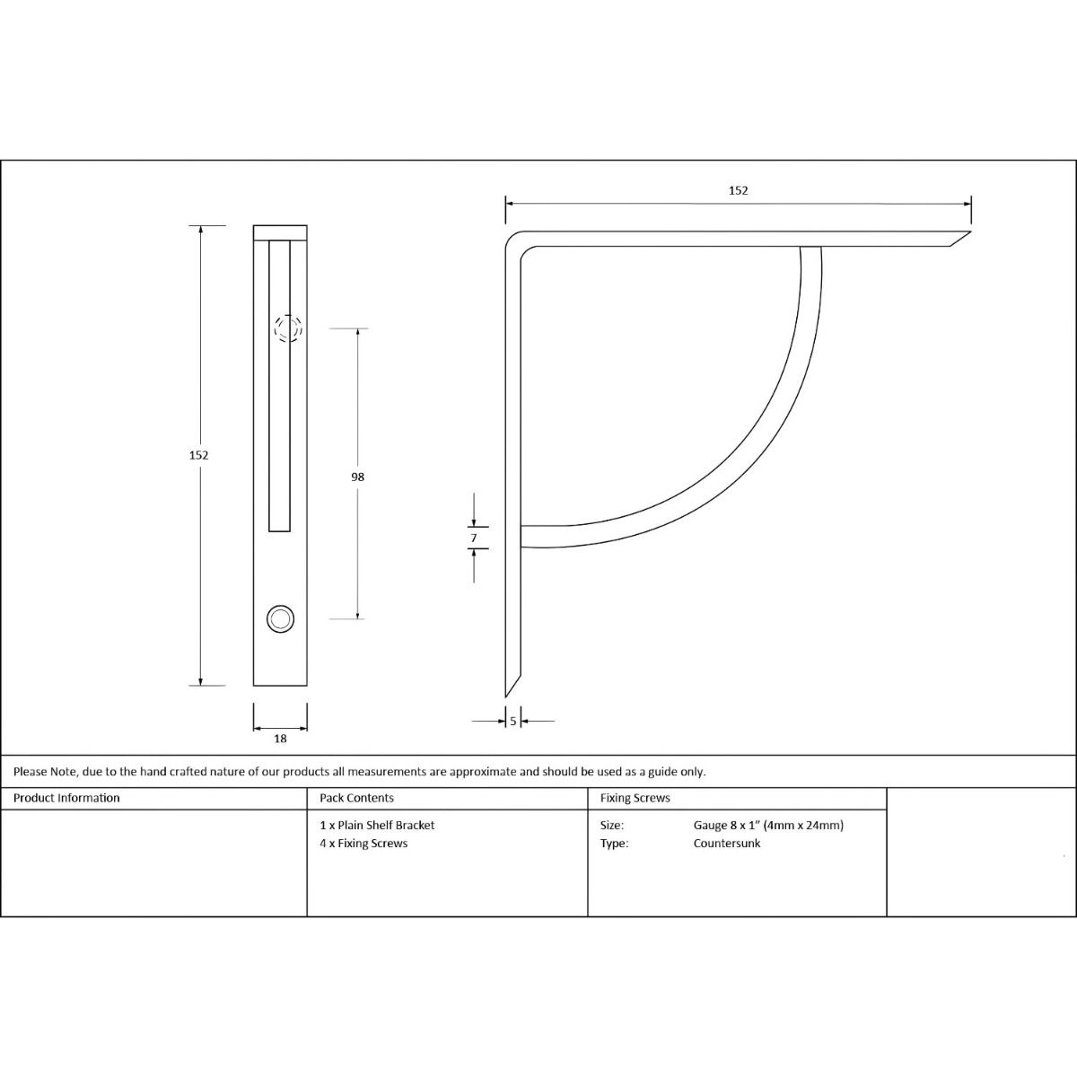 The 6"" x 6"" Arched Shelf Bracket Natural Smooth Finish Technical Drawings and Dimensions 