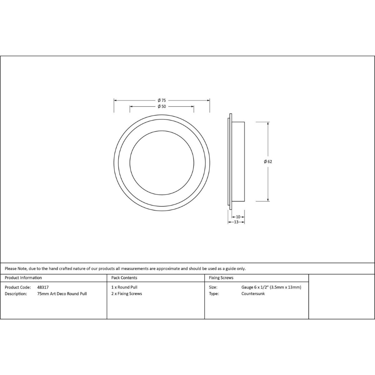 The 75mm Art Deco Round Flush Pull Handle in Aged Brass Technical Drawings and Dimensions