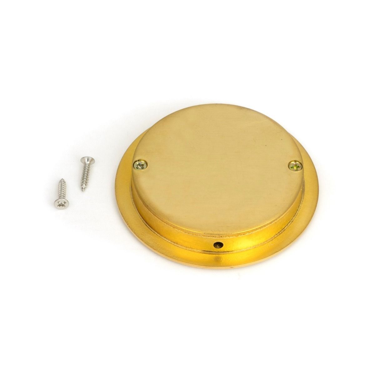 The 75mm Art Deco Round Flush Pull Handle in Polished Brass Shown from Behind with Supplied Screws