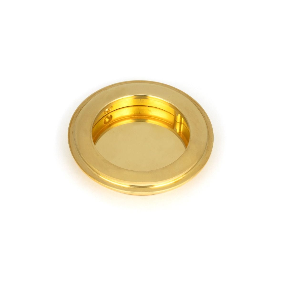 The 75mm Art Deco Round Flush Pull Handle in Polished Brass shown up close on a White Background