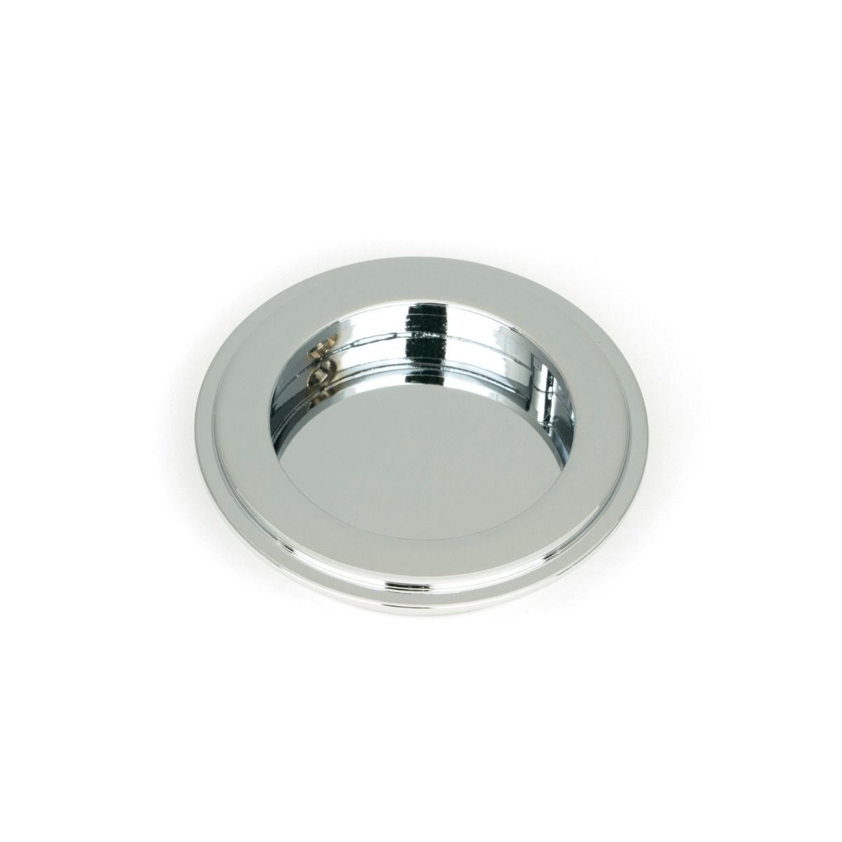 The 75mm Art Deco Round Flush Pull Handle in Polished Chrome Shown from the Front on a White Background