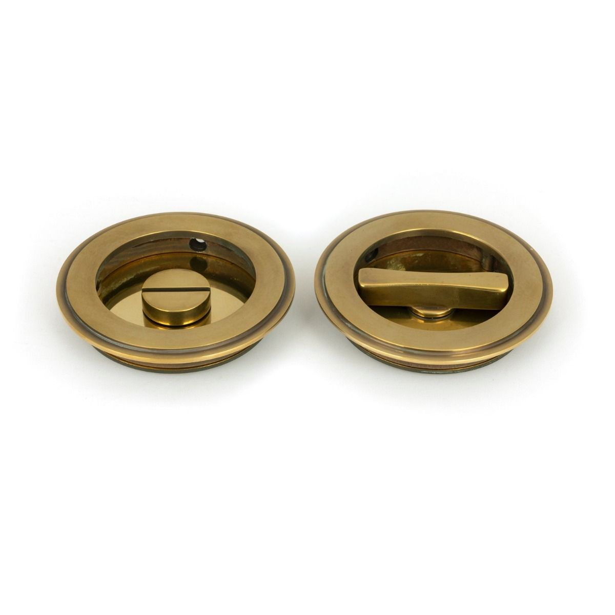 75mm Art Deco Round Sliding Pocket Door Privacy Set in Aged Brass