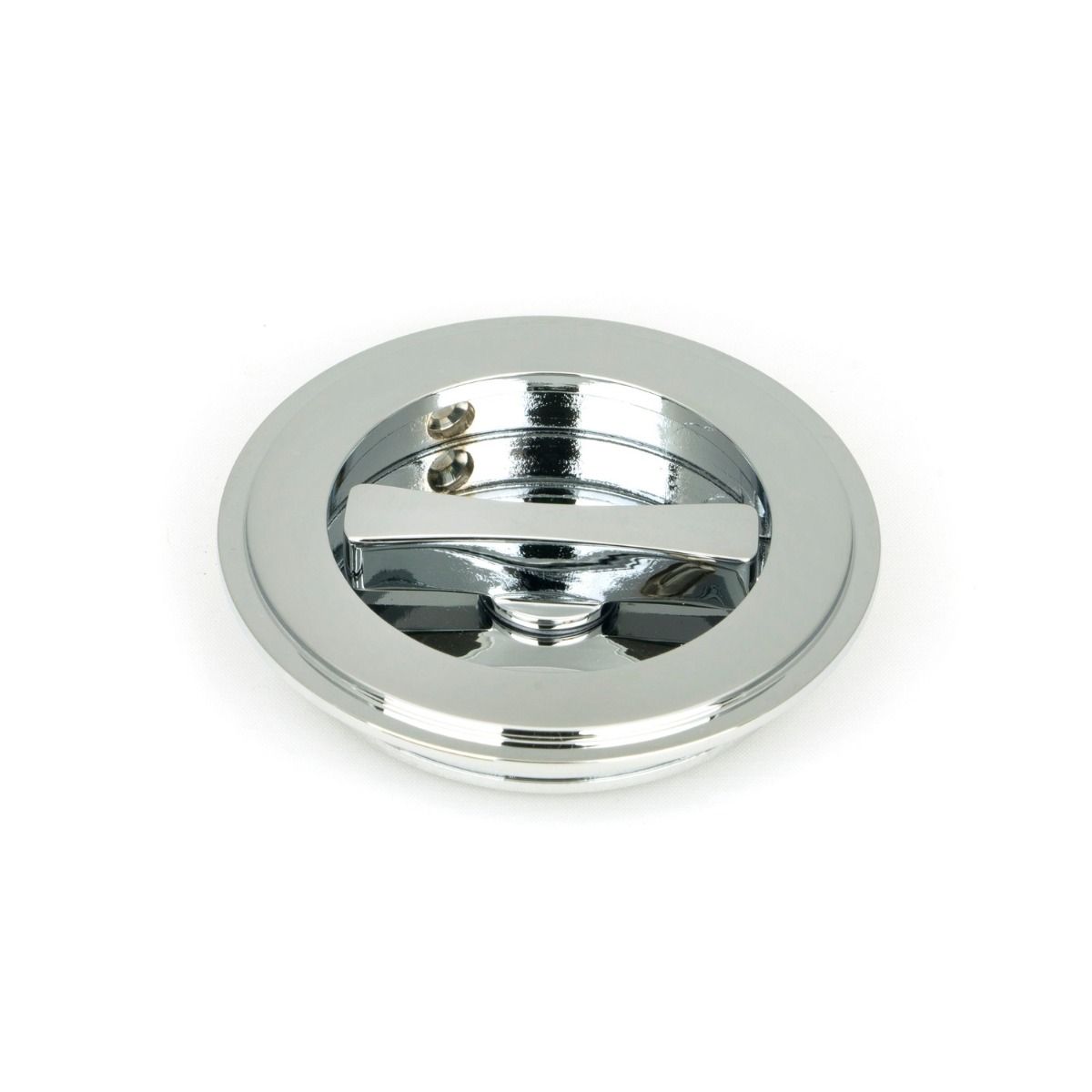 The 75mm Art Deco Round Sliding Pocket Door Privacy Set in Polished Chrome Showing a Close up view of the Thumbturn
