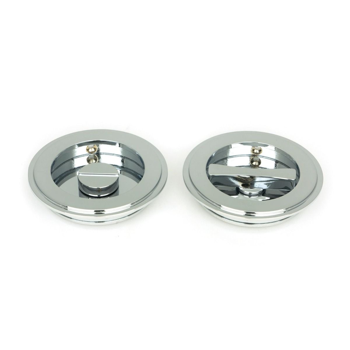 The 75mm Art Deco Round Sliding Pocket Door Privacy Set in Polished Chrome Showing the Front and Rear Section Side by Side