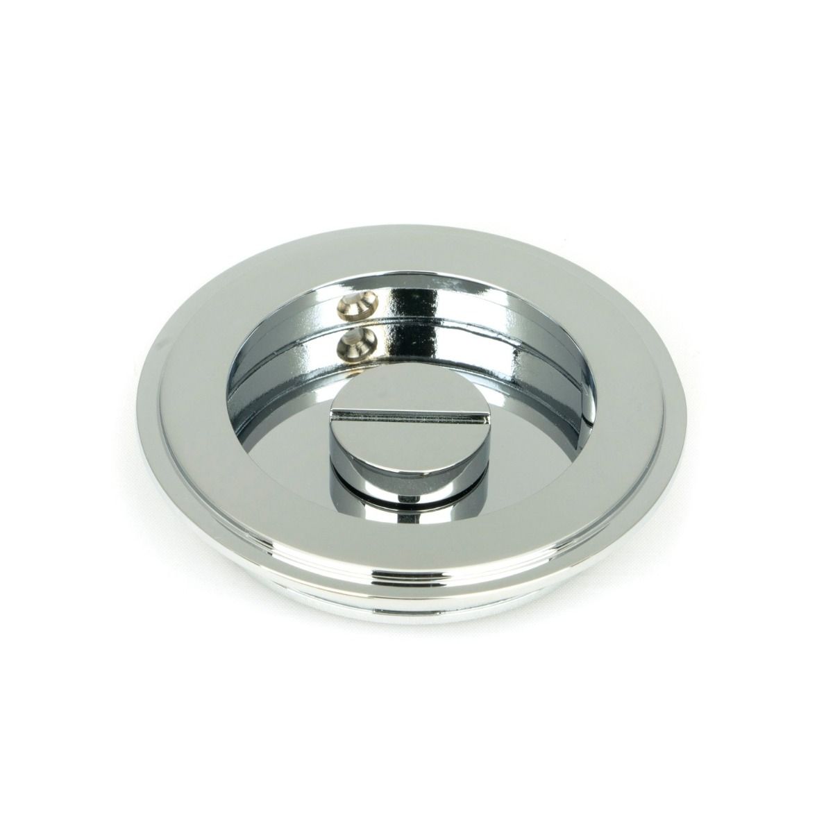The 75mm Art Deco Round Sliding Pocket Door Privacy Set in Polished Chrome Showing the Rear of the Locking Mechanism