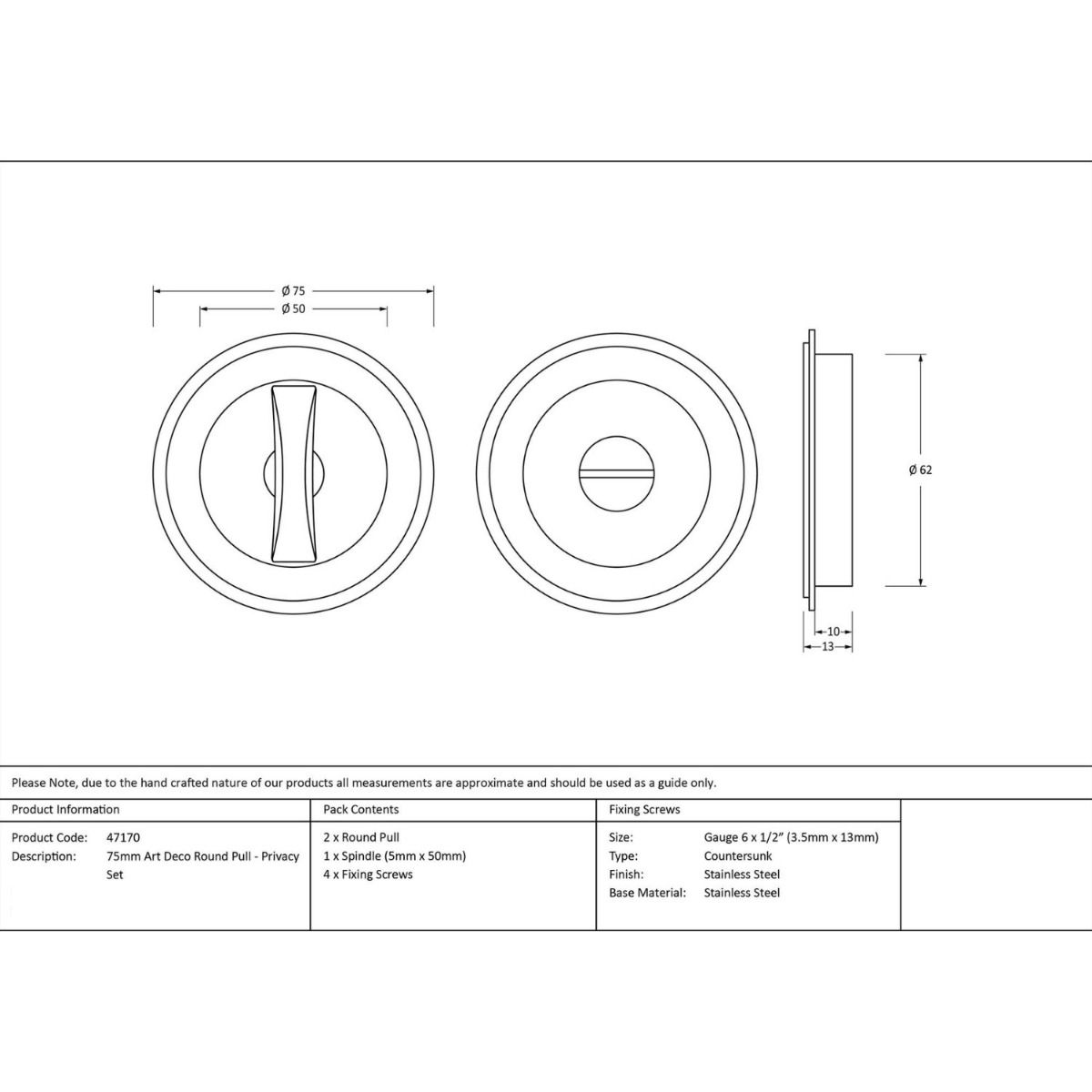 The 75mm Art Deco Round Sliding Pocket Door Privacy Set Technical Drawings and Dimensions