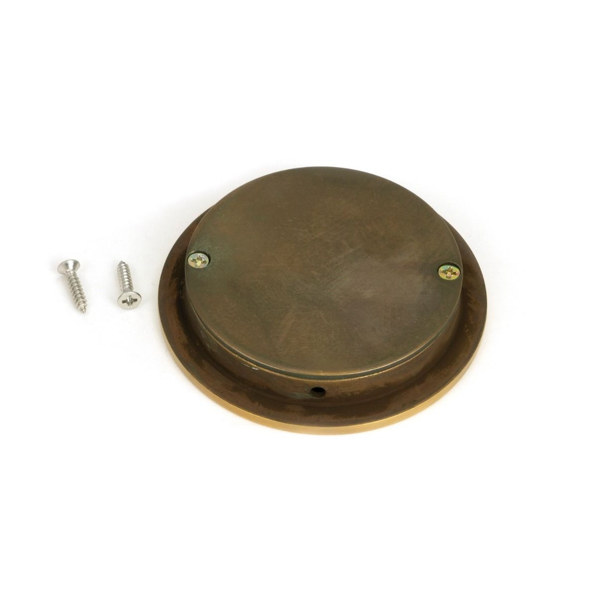 The 75mm Classic Round Flush Pull Handle in Aged Brass Shown from Behind with Supplied Screws