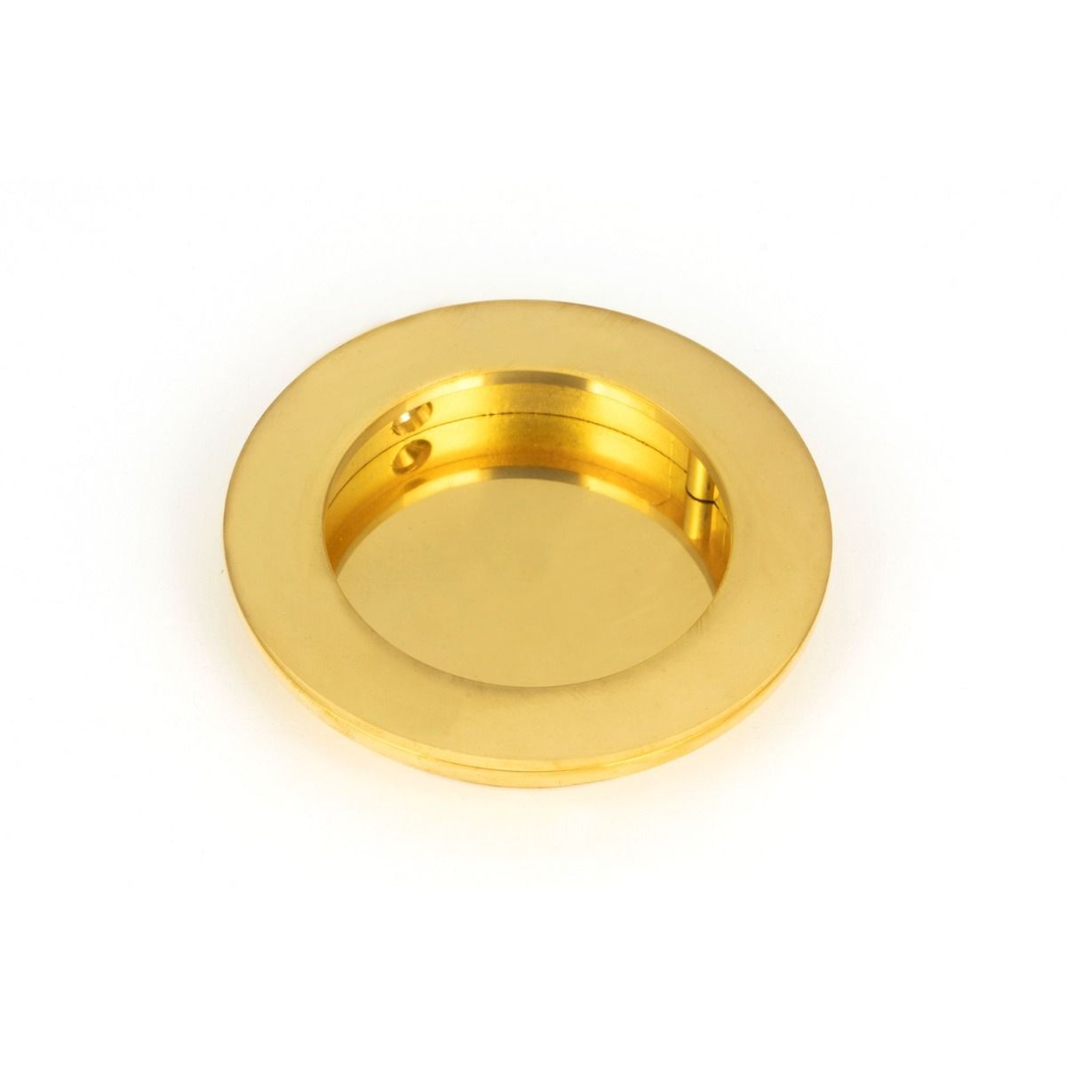 The 75mm Classic Round Flush Pull Handle in Polished Brass shown up close on a White Background