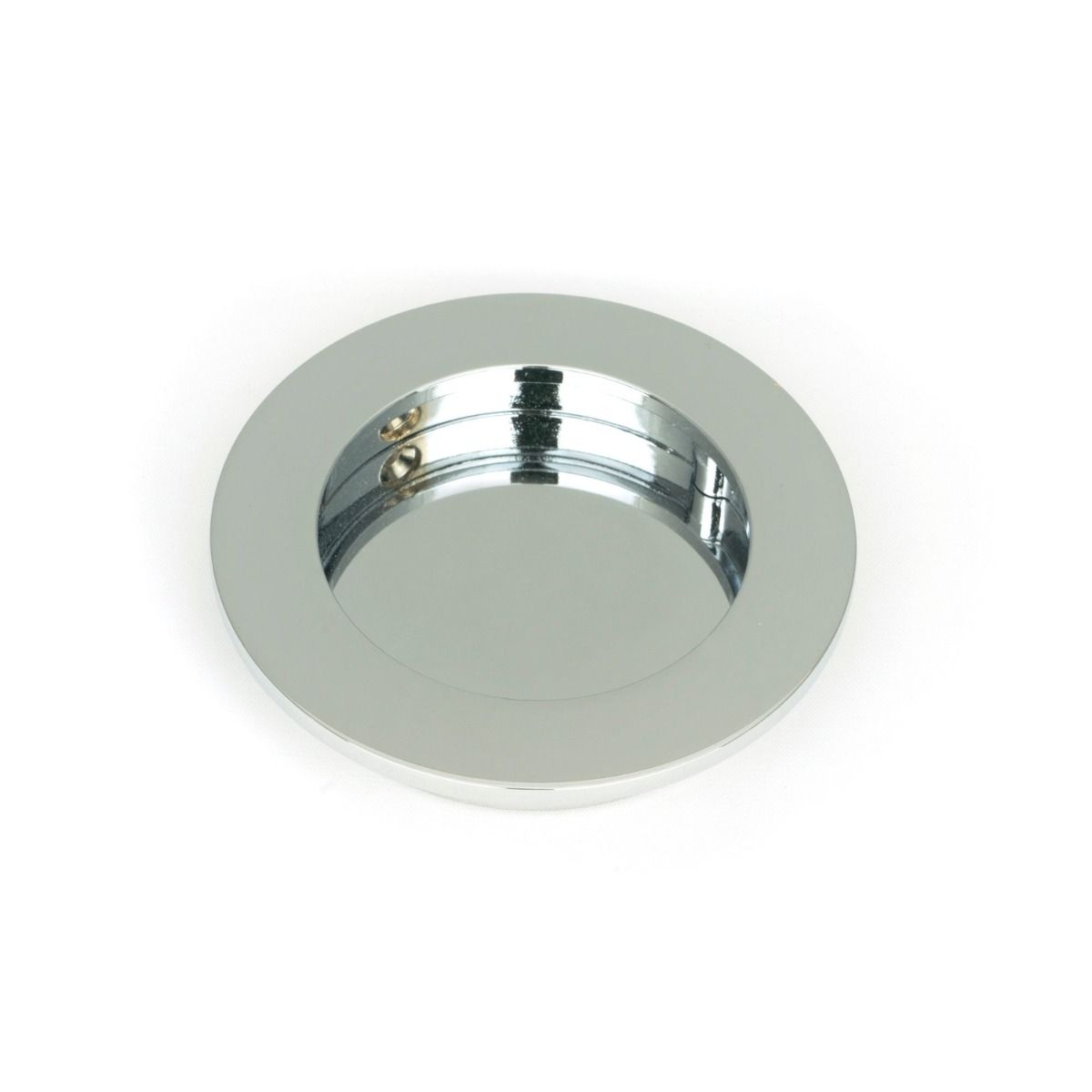 The 75mm Classic Round Flush Pull Handle in Polished Chrome Shown from the Front on a White Background