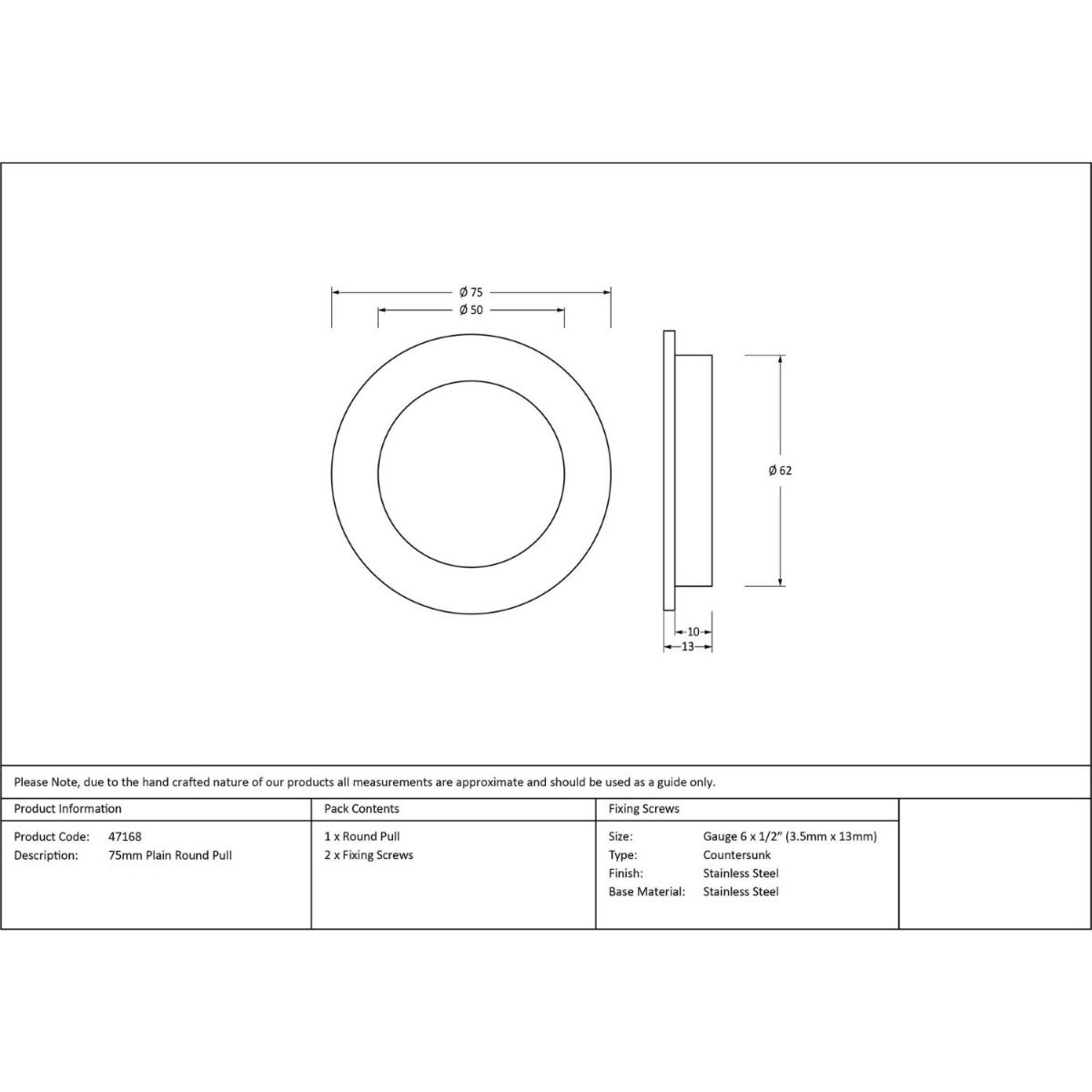 The 75mm Classic Round Flush Pull Handle Technical Drawings and Dimensions
