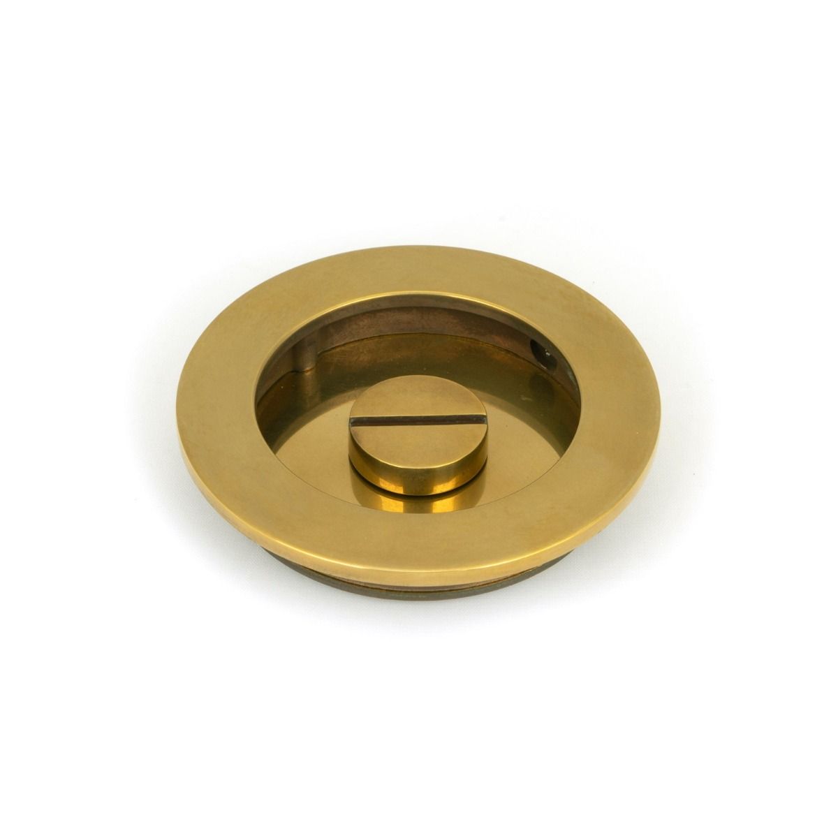 The 75mm Classic Round Sliding Pocket Door Privacy Set in Aged Brass Showing the Coin Release Side