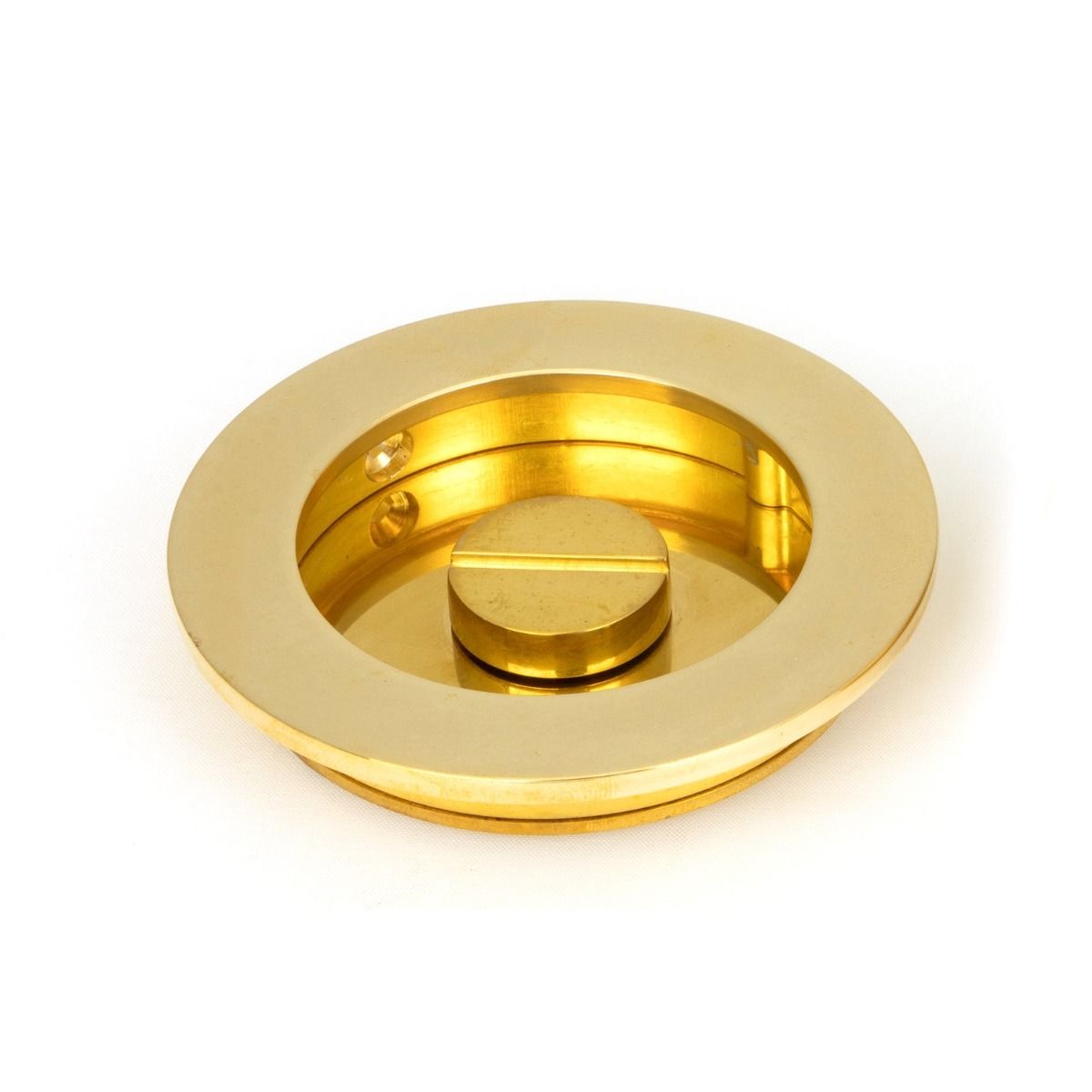 The 75mm Classic Round Sliding Pocket Door Privacy Set in Polished Brass Showing the Locking mechanism of the Privacy Lock
