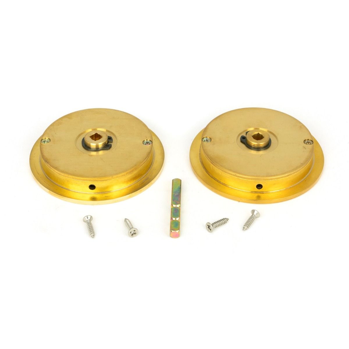 The 75mm Classic Round Sliding Pocket Door Privacy Set in Polished Brass Shown with Supplied Spindle and Fitting Screws