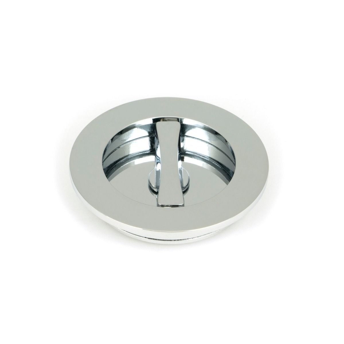 The 75mm Classic Round Sliding Pocket Door Privacy Set in Polished Chrome Showing a Close up view of the Thumbturn