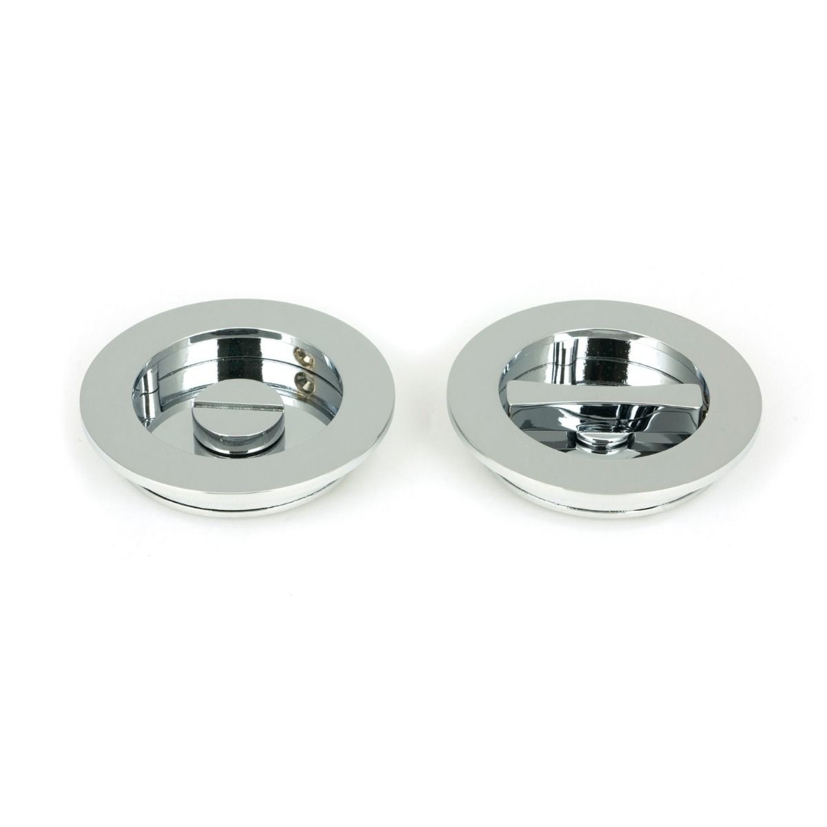 The 75mm Classic Round Sliding Pocket Door Privacy Set in Polished Chrome Showing the Front and Rear Section Side by Side