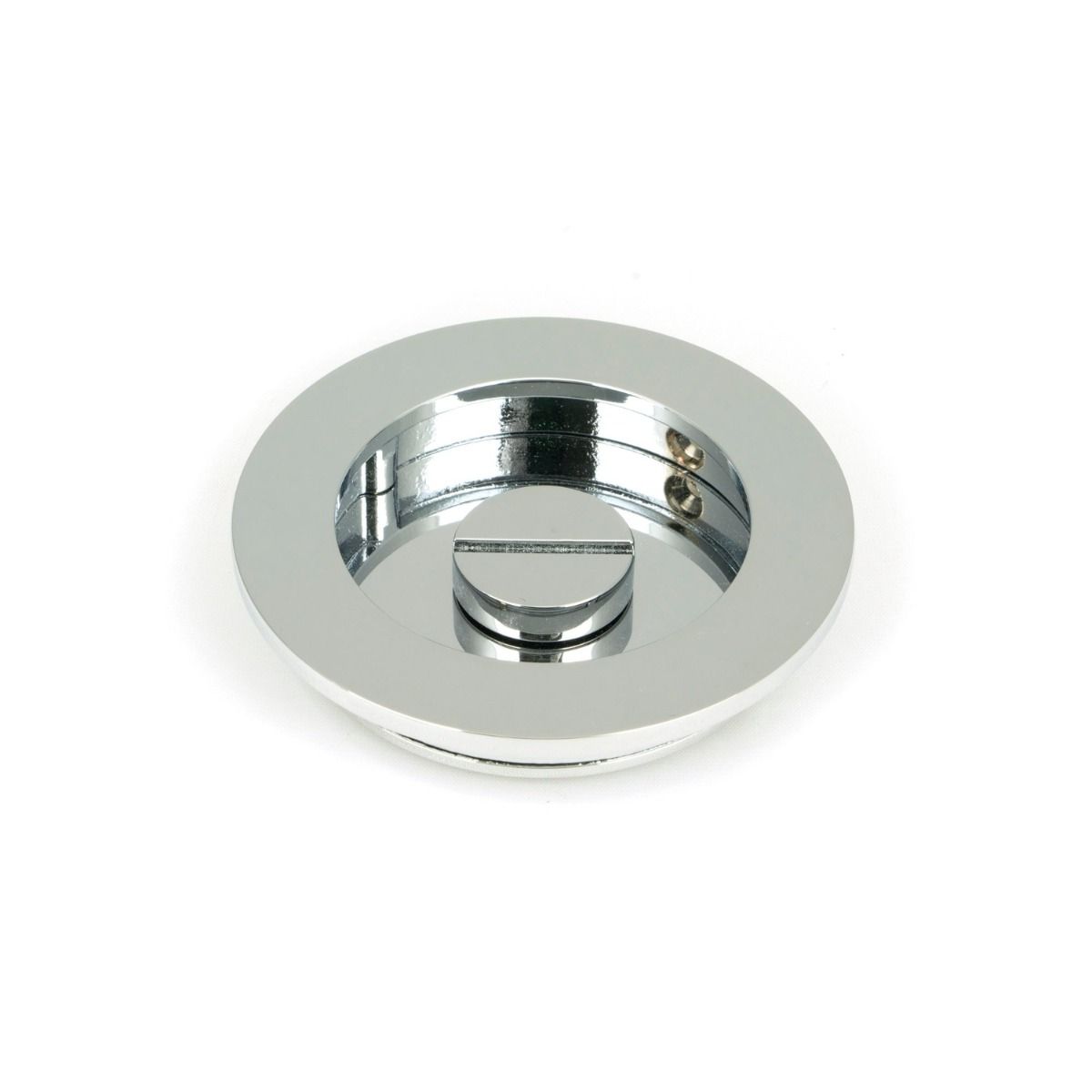 The 75mm Classic Round Sliding Pocket Door Privacy Set in Polished Chrome Showing the Rear of the Locking Mechanism