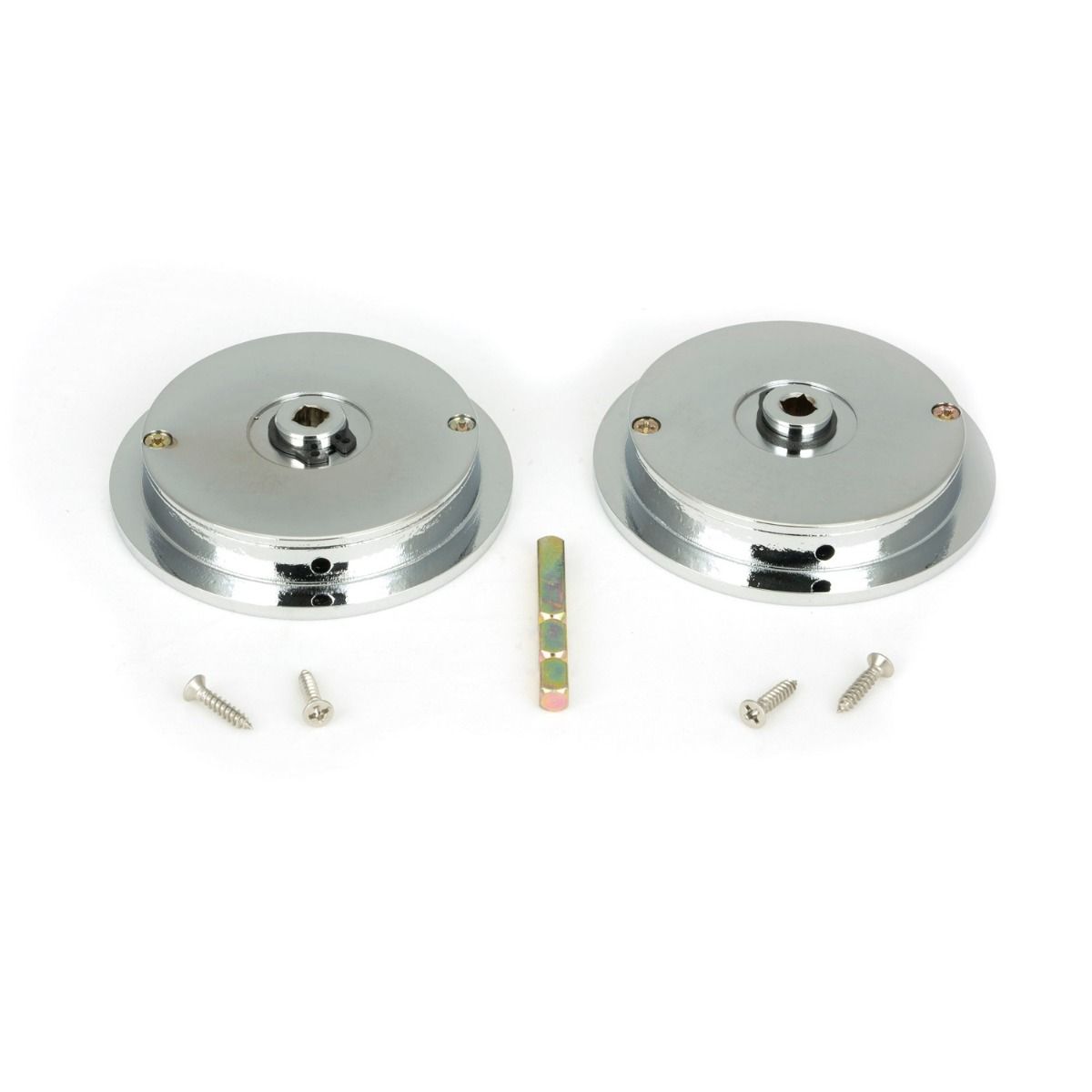 The 75mm Classic Round Sliding Pocket Door Privacy Set in Polished Chrome Shown from Behind with Supplied Spindle and Screws