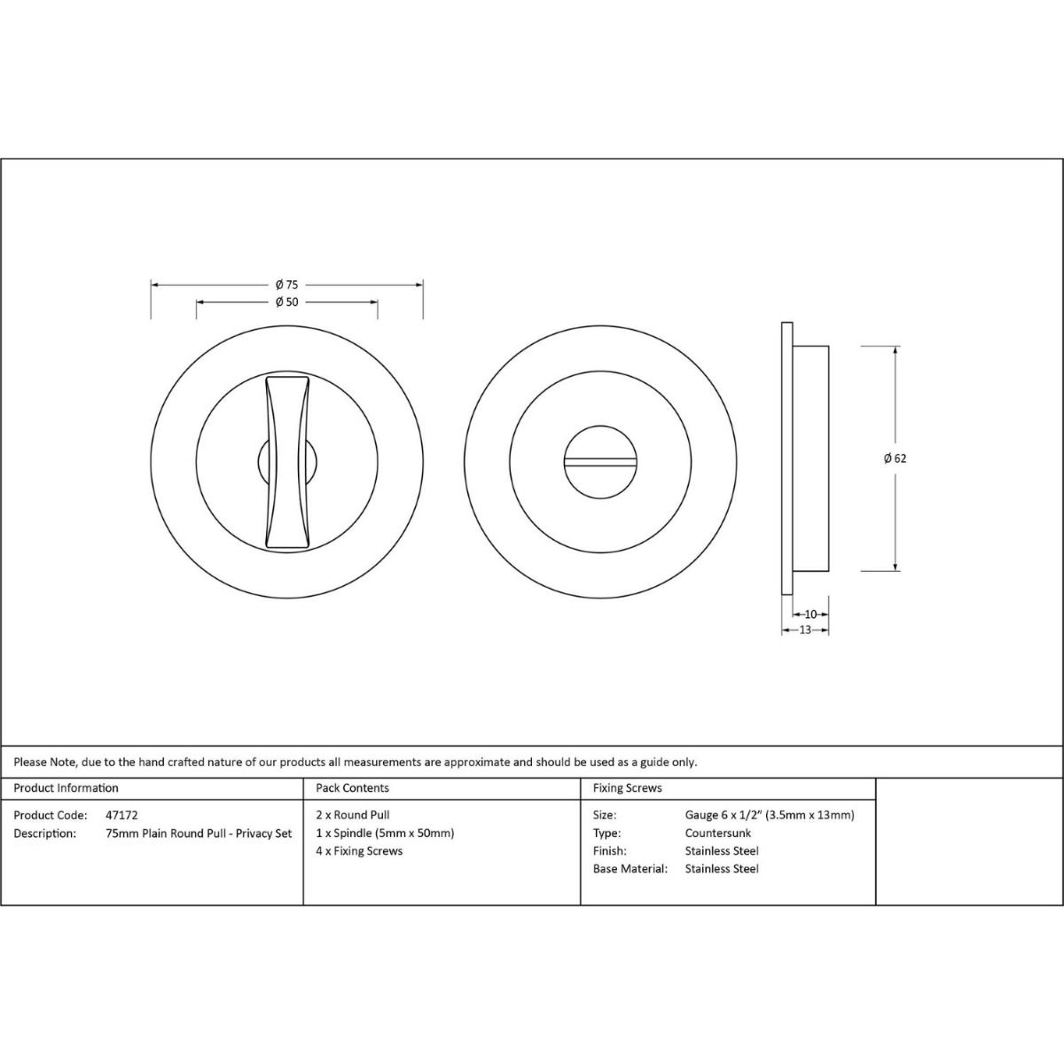 The 75mm Classic Round Sliding Pocket Door Privacy Set Technical Drawings and Dimensions