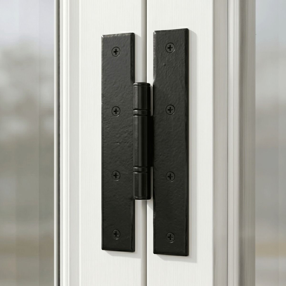 The 7" Midnight Black H Hinge Pair Mounted on a Classic White Window Frame - Digital Illustration