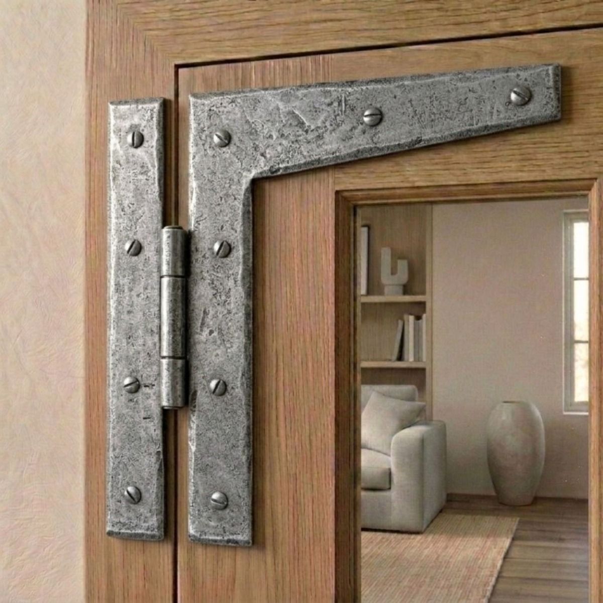 The 7" Pewter HL Hinge Pair Suitable for Windows and Doors in a Modern Home Mounted on a Wooden Window Frame - Digital Illustration