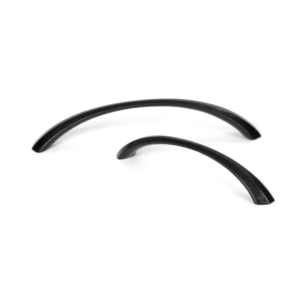 The 7" Curved Shell Pull Handle in Black Shown next to Other Size on a White Background
