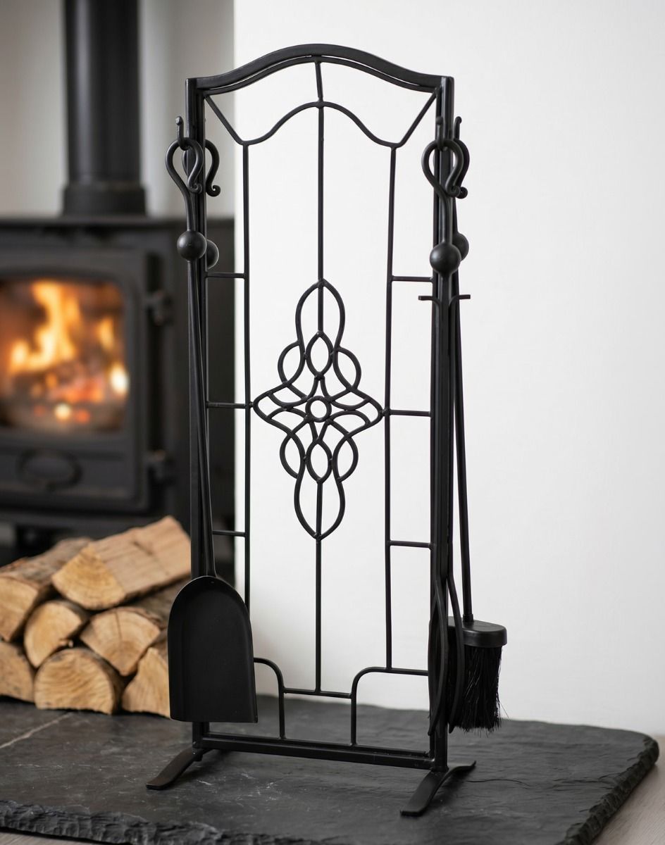 The 82cm “Dawnmead House” Gothic Fireside companion Set next to a Traditional Log Burner Stove in a Modern Home - Digital Illustration