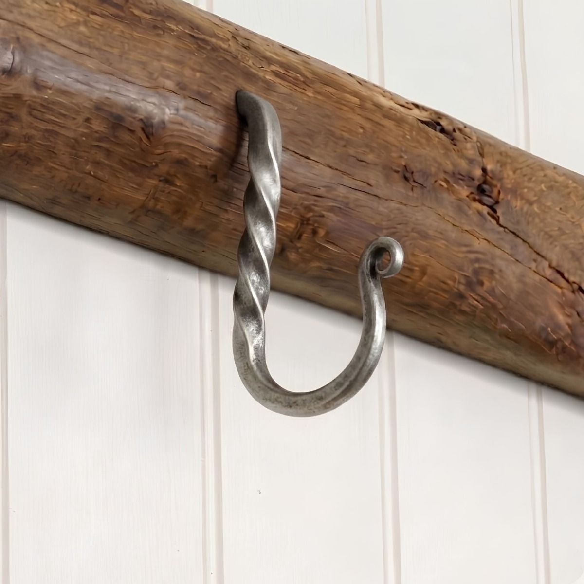 The 89mm Blacksmith Pewter Cup Hook Mounted on a Wooden Beam in a Country Kitchen - Digital Illustration