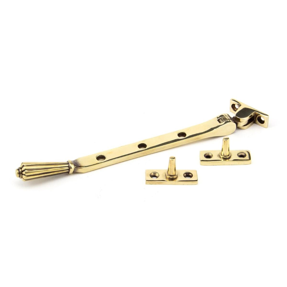 The 8 Inch Aged Brass Georgian Reeded Casement Window Stay on a White Background 