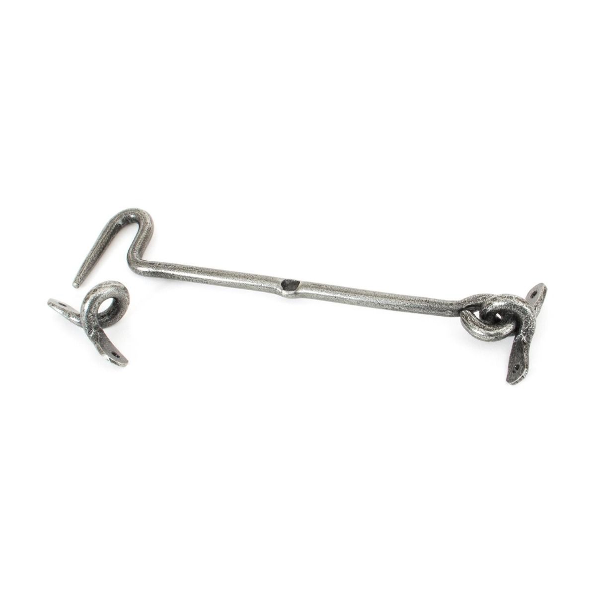 The 8 Inch Forged Iron Cabin Hook in a Pewter Finish on a White Background