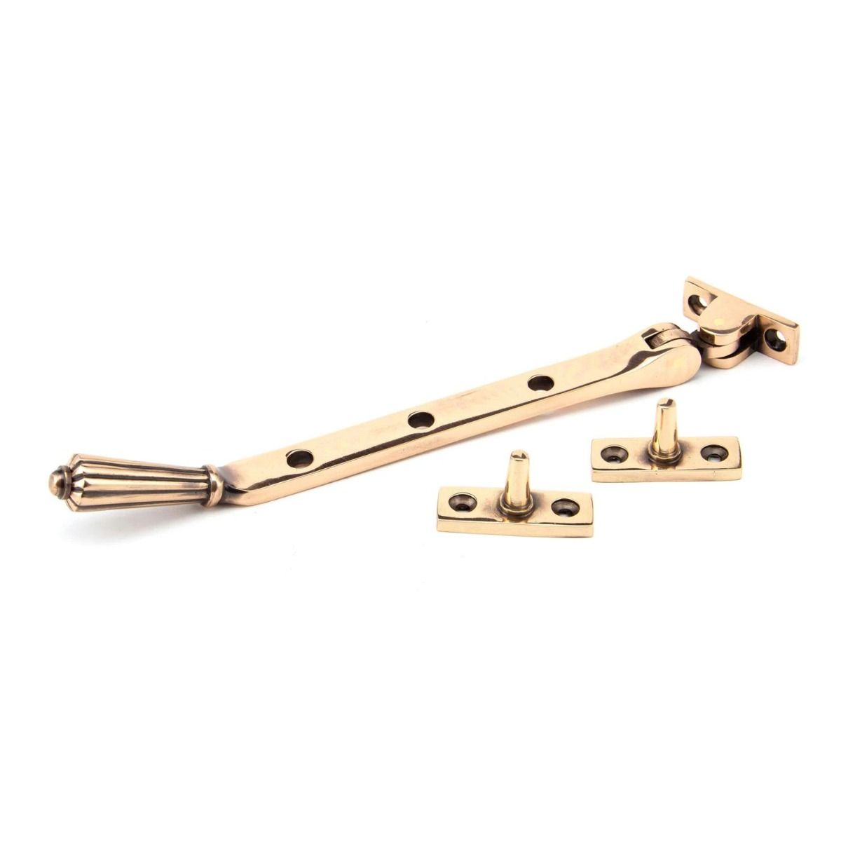 The 8 Inch Polished Bronze Georgian Reeded Casement Window Stay on a White Background 