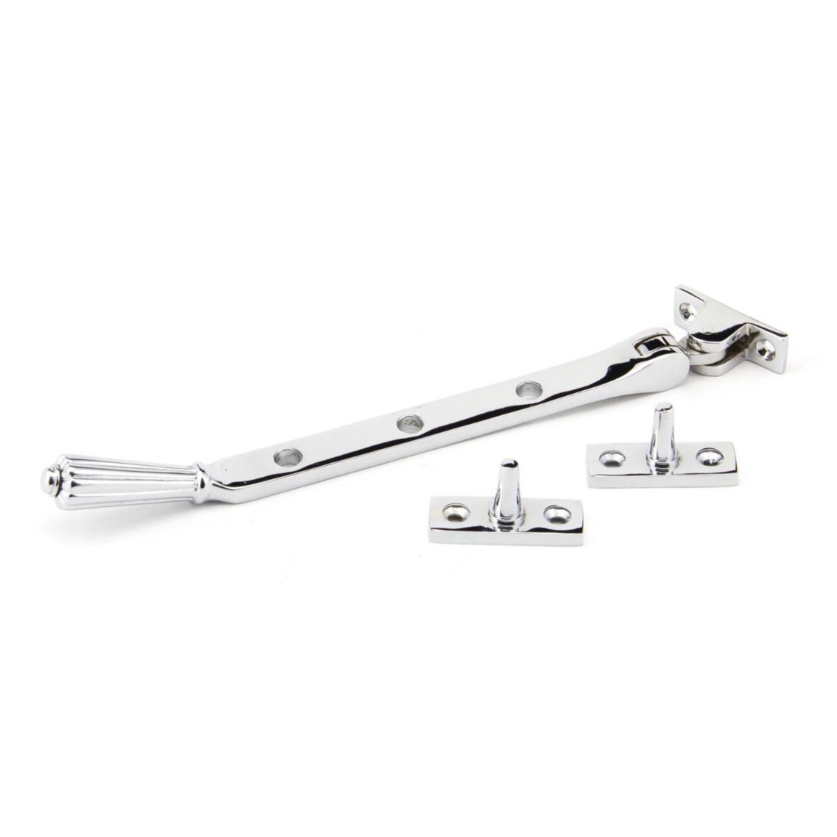 The 8 Inch Polished Chrome Georgian Reeded Casement Window Stay on a White Background 