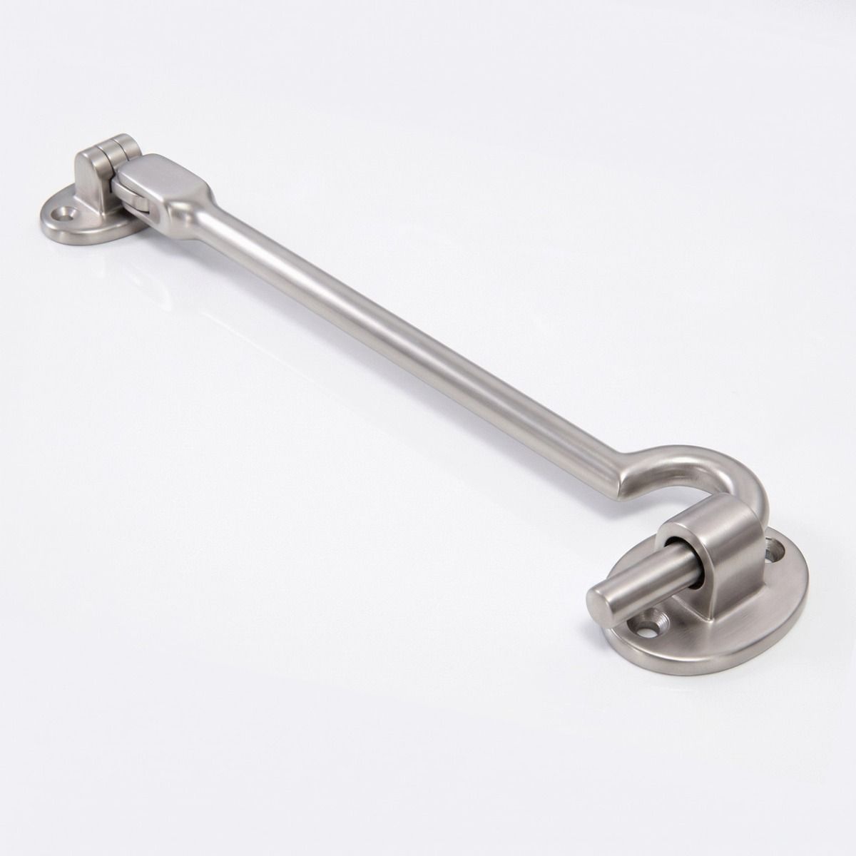 The 8 Inch Satin Chrome Cabin Hooks Silent Type Heavy on a White Background 