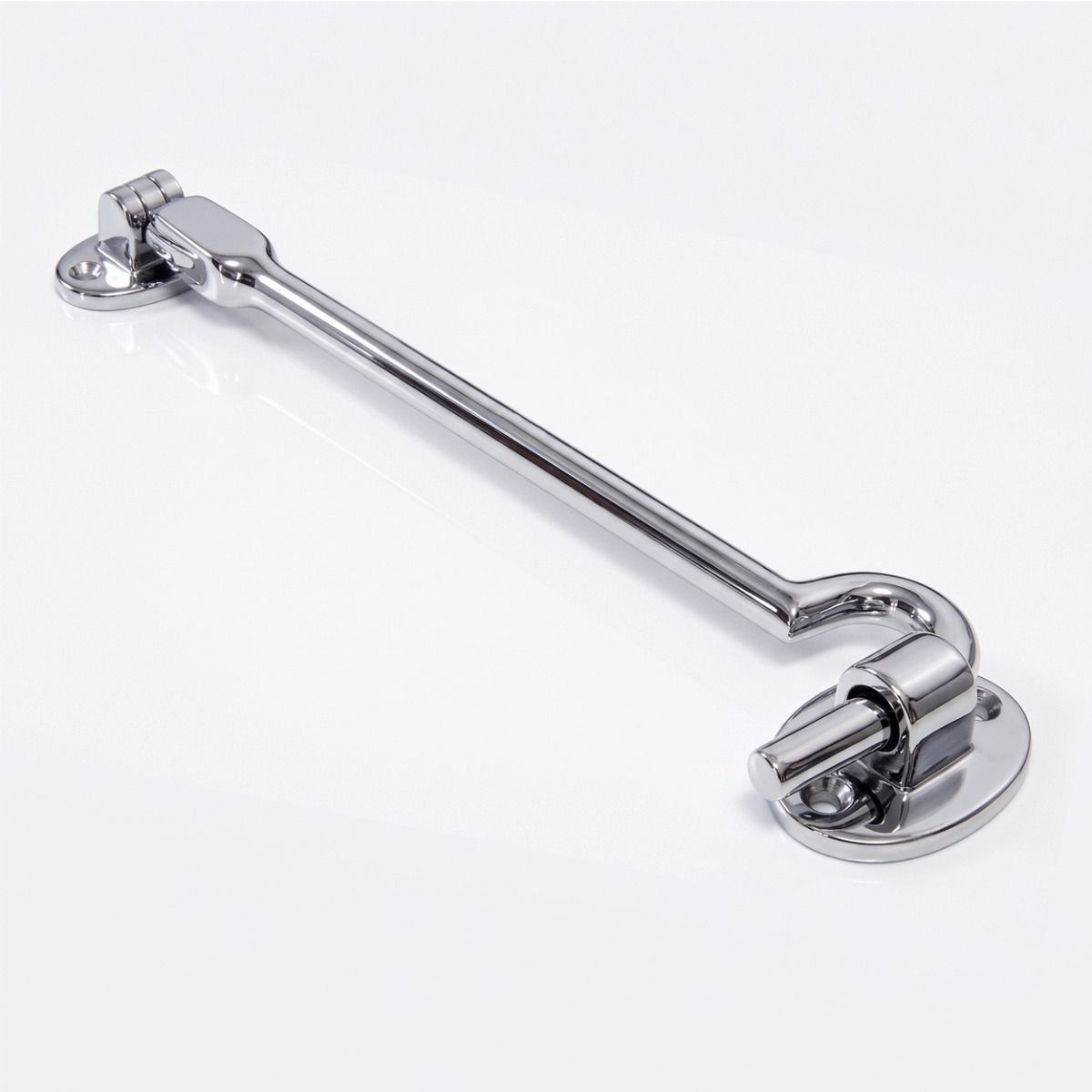The 8 Inch Bright Chrome Cabin Hooks Silent Type Heavy on a White Background 