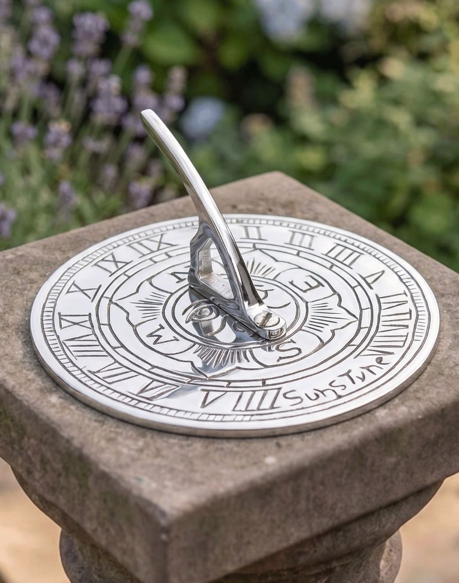 The 95mm Bright Chrome "Suns Tyne" Mini Sundial On Top of a Garden Pillar in a Rustic Garden - Digital Illustration 