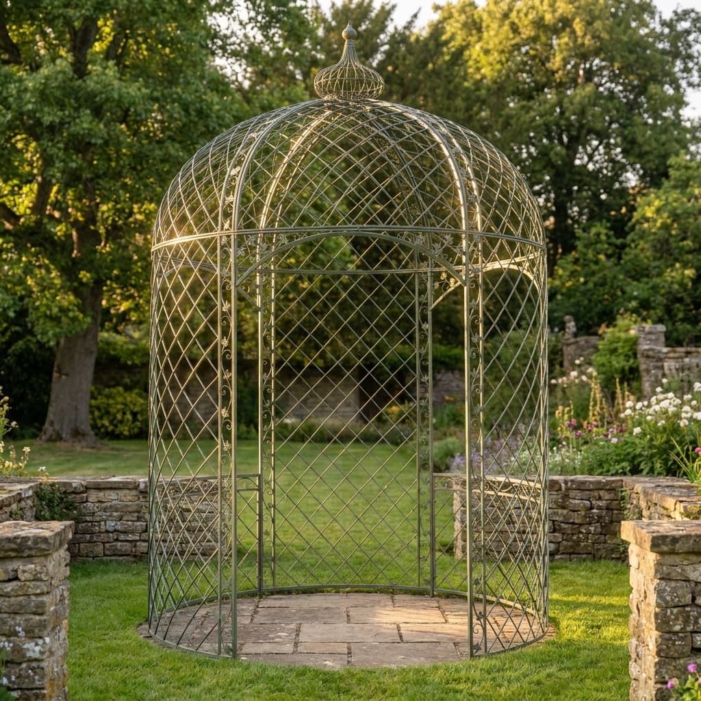 The Chatsworth Domed Wrought Iron Garden Gazebo in an Antique Green Finish in the Evening Sun